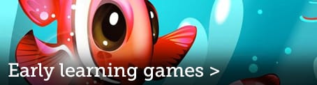 Early Learner Games Banner, Happy Cartoon Fish
